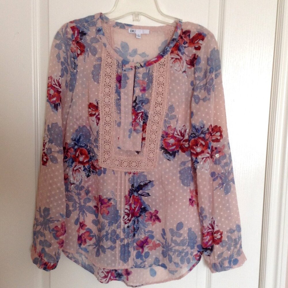 DR2 Women's Floral Crochet Trim Semi Sheer Pink Boho Blouse Top Size S